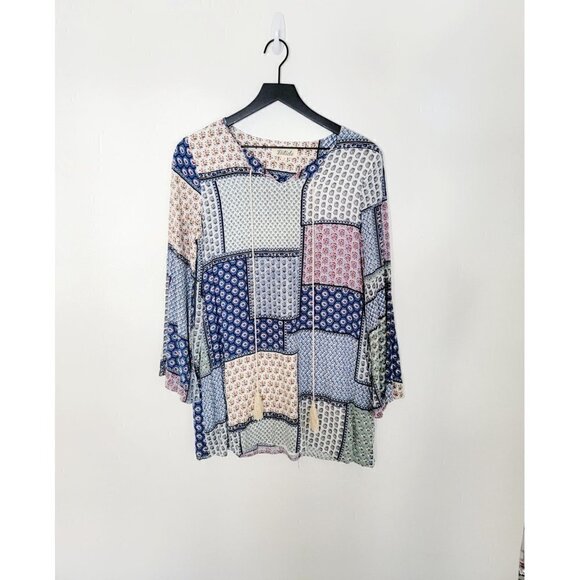 Listicle Patchwork Boho Lightweight Tassel 3/4 Wide Sleeves Tunic Blouse Size S - Picture 2 of 6